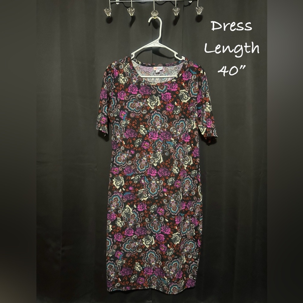 LuLaRoe Julia Dress, Size Large, Black With Purple, Cream, Blue And Red Flowers